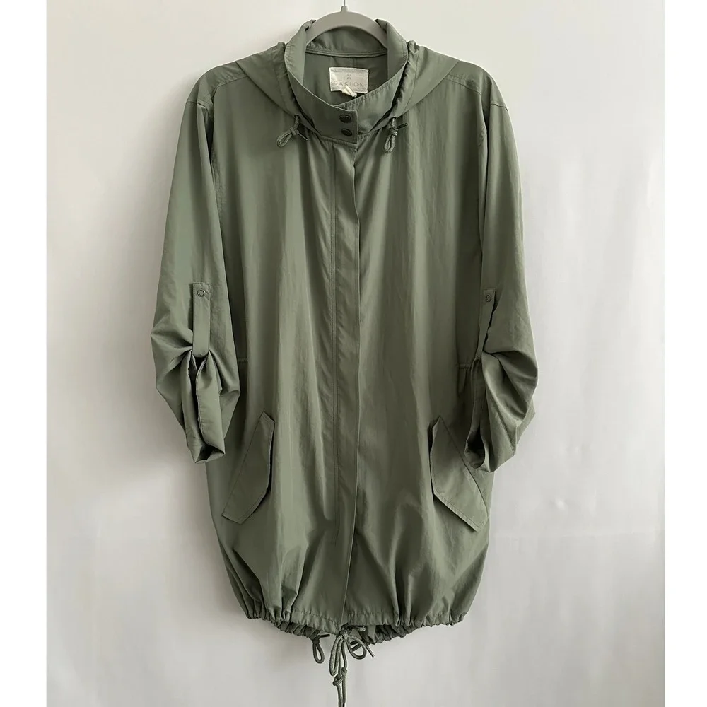 Caslon Hooded Anorak Jacket Women Size M Green Roll Tab Sleeve Utility Gorpcore‎